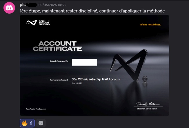 Validation de compte Apex Trader Funding obtenue avec la méthode PLP