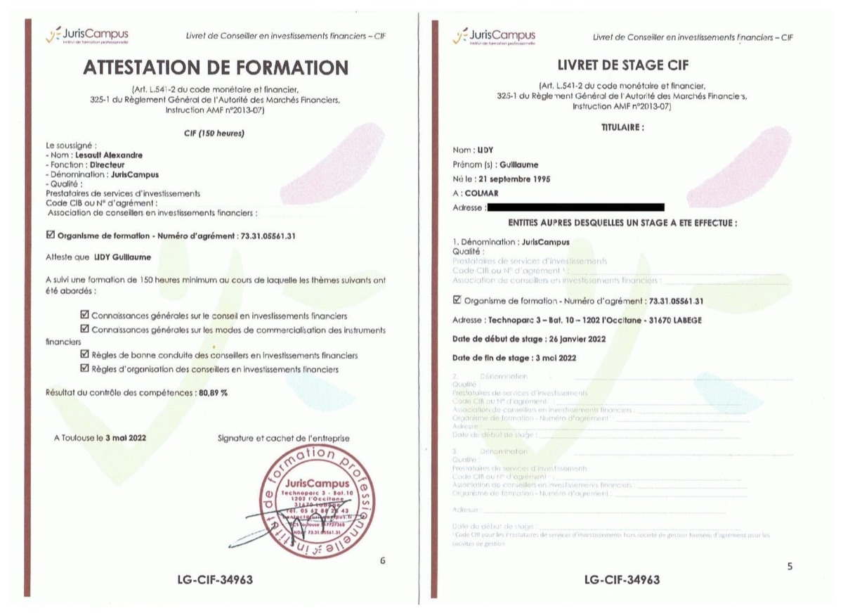 Livret CIF – attestation officielle de Guillaume Lidy