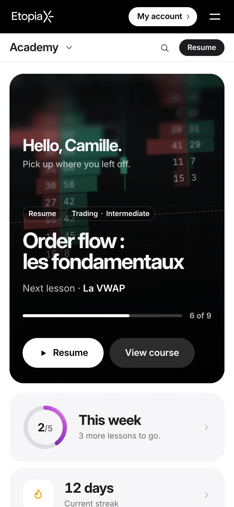 The Academy home screen on iPhone