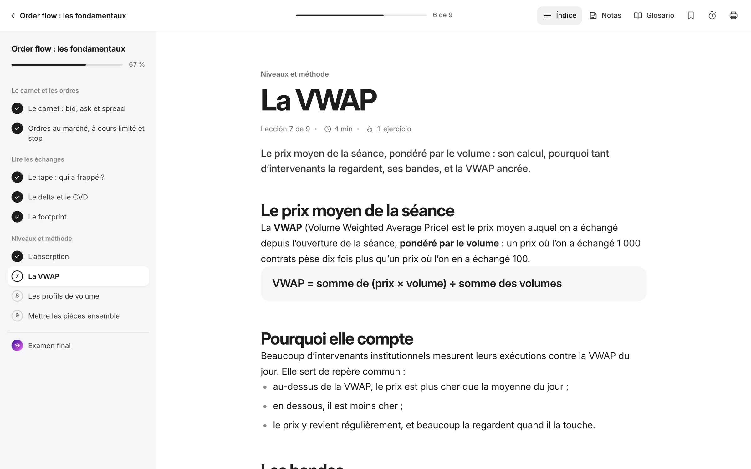 Una lección de la Academy: el texto, el índice del curso y las herramientas