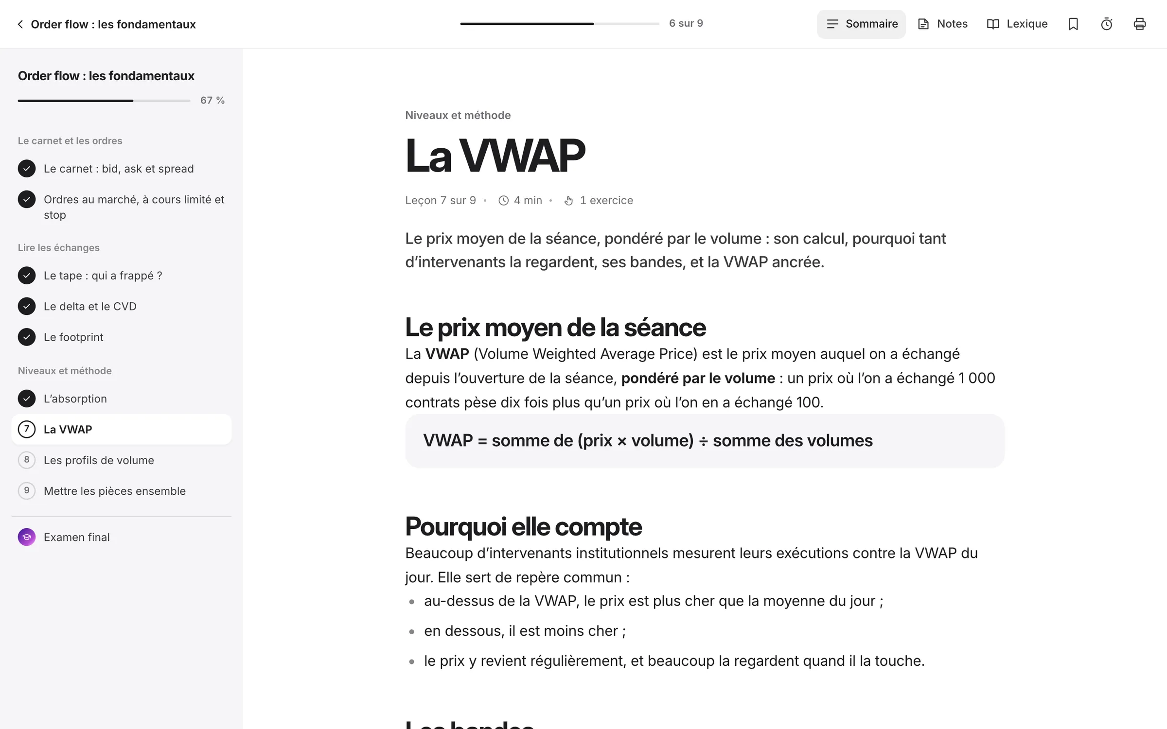 Une leçon de l’Academy : le texte, le sommaire du cours et les outils