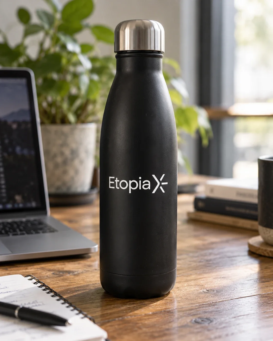 La gourde noire EtopiaX sur un bureau en bois, à côté d’un ordinateur portable