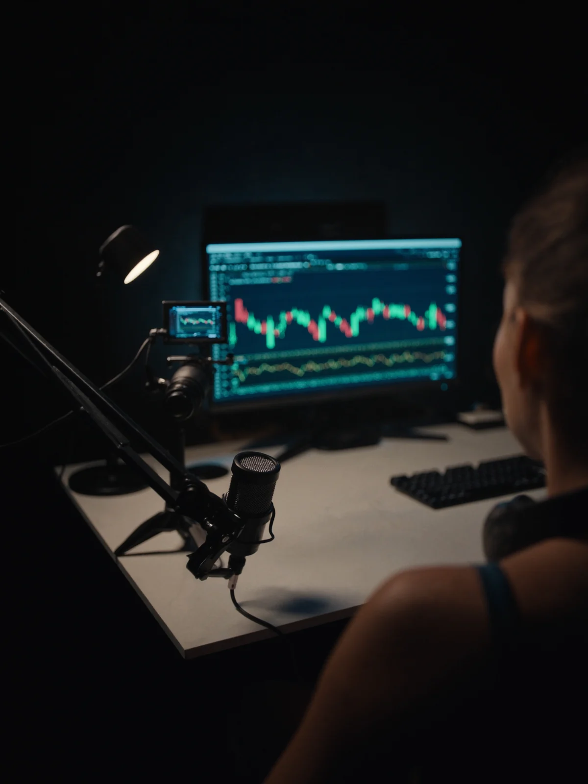 Le studio d’une créatrice, la nuit : un micro, une caméra, et les marchés à l’écran.
